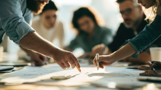 Team collaborating around a large blueprint or map during an innovation workshop session