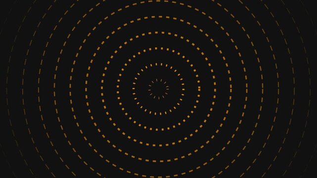Abstract golden dashed circles pulsating on a black background in a symmetrical grid pattern