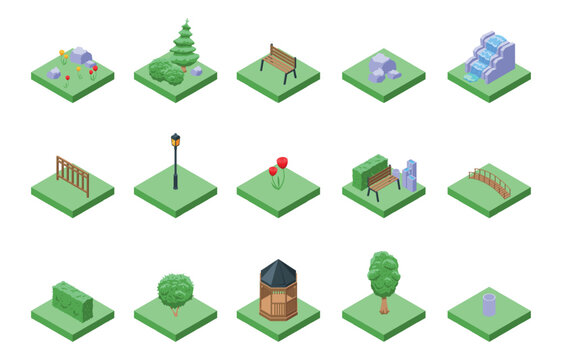 City garden elements. Isometric outdoor bench, fountain, tree. Park 3d design objects on green ground. Decorations for design of public space, vector set