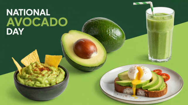 Avocado day celebration with fresh guacamole and smoothie on vibrant green background set.