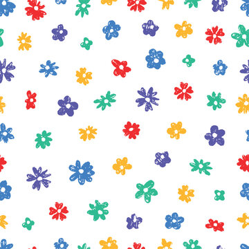 Crayon drawing flowers seamless pattern. Children style, colorful pencils flower. Floral blooming print for fabric, wrapping, decorative background