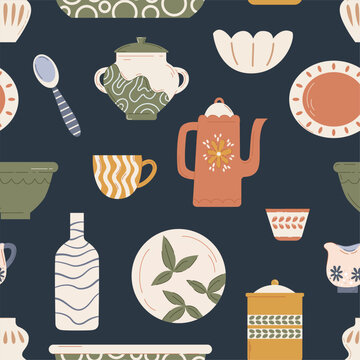 Crockery seamless pattern. Rustic style cup, jug for water, bowls and teapot, plate. Kitchen fabric print design, wrapping or wallpaper, vector background