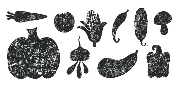 Decorative vegetables grunge stamps. Black vegetable silhouettes, charcoal drawing design. Harvest season, pumpkin, pepper, corn, radish, vector clipart