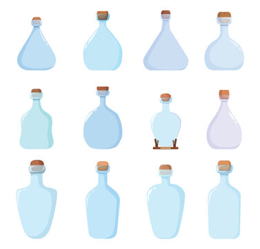 Empty glass bottles different design. Isolated cartoon bottle for souvenirs, toys, collectible models. Elements for water or liquids, vector clipart