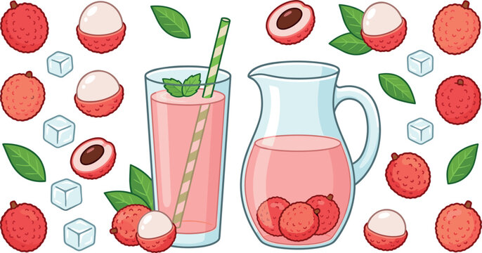 Fresh Lychee Juice Vector Set with Glass Pitcher Whole and Peeled Fruits Ice Cubes Straw and Mint Leaves for Refreshing Beverage Beverage Designs