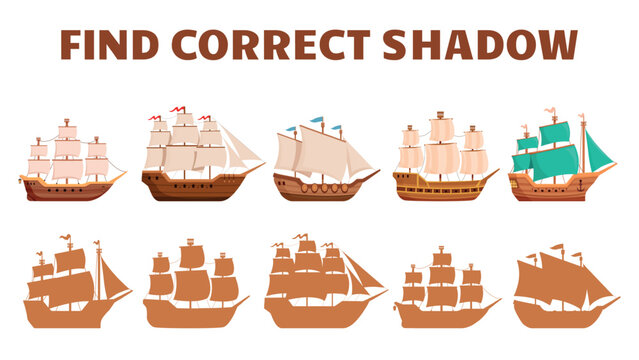 Find correct ship shadow. Simple educational game for toddlers with cartoon vintage vessels. Different retro wooden boats. Funny children play vector template