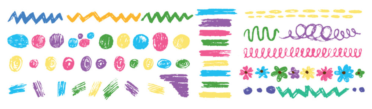 Grunge pencil drawing elements. Brush strokes, blobs, spots, decorative dirty lines, zig zag. Children style decor, floral ornaments, vector set