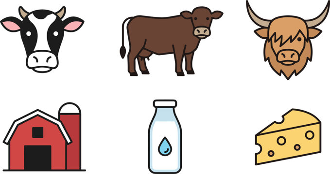 Dairy Farm Icon Set Featuring Cows, Highland Cattle, Red Barn, Milk Bottle, and Cheese Slice Vectors for Agricultural and Food Designs