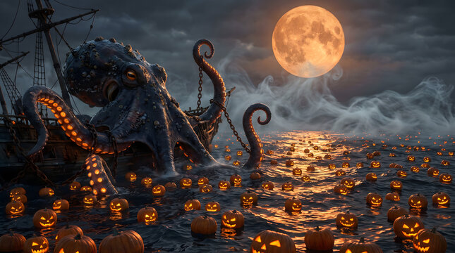 AI-generated premium Halloween fantasy: Kraken rising from black ocean of glowing lanterns, tentacles in shipwreck chains, amber suckers, ghost mist, harvest moon, photorealistic 4K