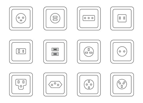 Line socket plug icons. Isolated sockets different design. Connection for electrical devices with diverse types plugs. Power, electricity, vector outline collection