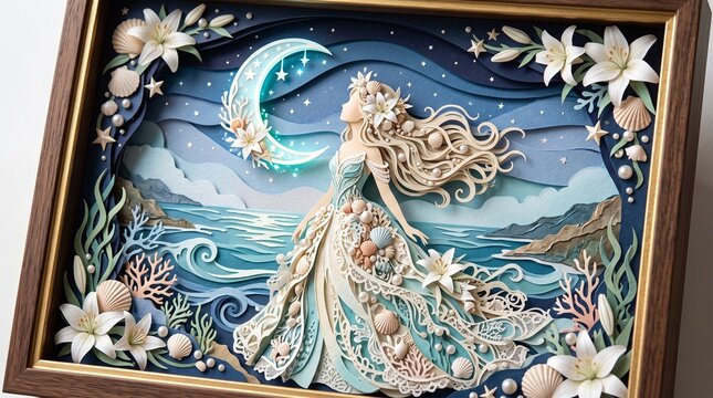 Intricate layered paper craft of a mermaid with long flowing hair, seashells, and white lilies under a crescent moon in a wooden frame