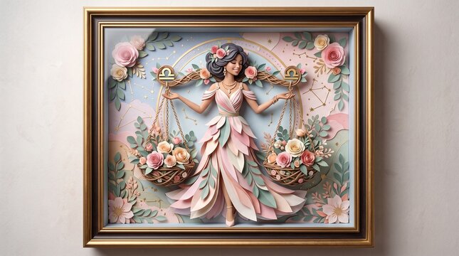 Intricate layered paper craft of the libra zodiac sign featuring a woman holding scales with flowers in a dark wooden shadowbox frame