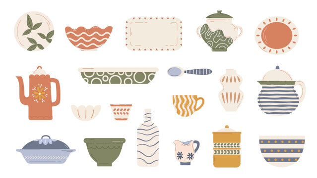 Modern style ceramic kitchen crockery. Different tray, plates, cup and mug, jug, vase. Rustic home kitchenware design. Dishes for eating, cooking, vector clipart