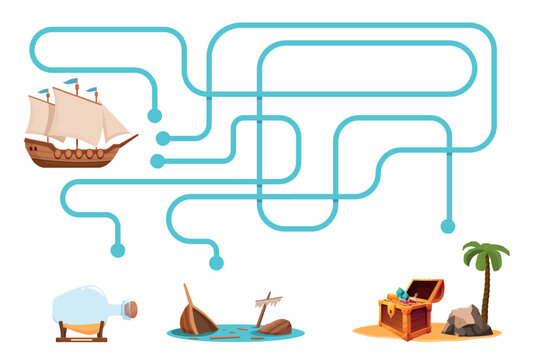 Ocean adventures maze game template. Children puzzle with ship finding treasure island. Help vessel find correct way. Sea travel, vector design