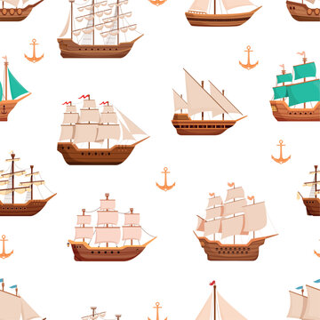 Vintage ships seamless pattern. Ocean sea travel, nautical adventures. Decorative print with vessels for fabric, wrapping, vector background
