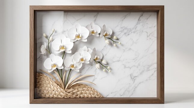 White orchid paper quilling arranged in a woven basket on a marble texture background, inside a dark, wooden frame on, white surface