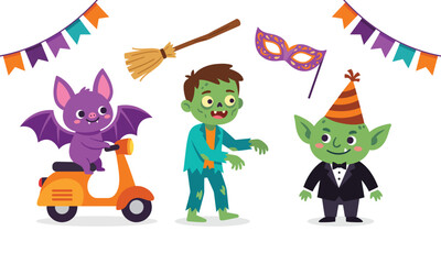 Fototapeta premium Cute halloween characters set, funny bat on scooter, little zombie, goblin in suit, witch broom and masquerade mask, festive bunting flags