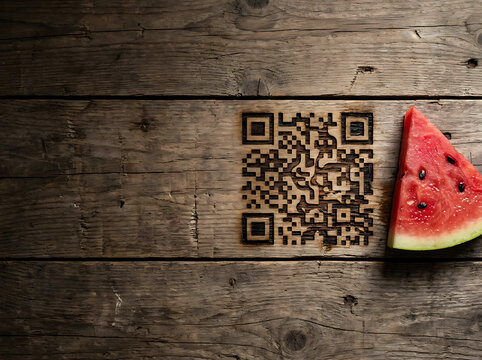 QR code burned on rustic wooden background next to a fresh red watermelon slice