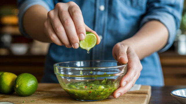 Chef squeezing fresh lime juice into glass bowl with green salsa ingredients over wood bar.