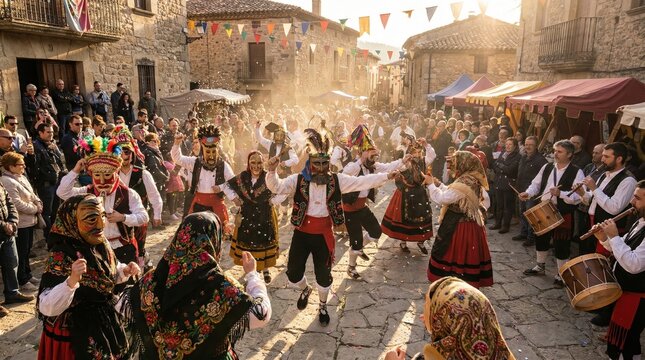 colorful traditional folklore festival in old stone village. caucasian people dancing in vibrant costumes and masks. musicians playing instruments. travel poster, banner, website header.