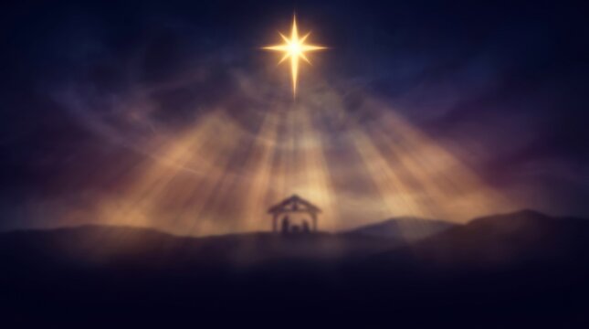 Star bethlehem light rays nativity sky night background glowing christmas blur defocused bokeh nebula cloudy silhouette stable hills landscape holy jesus christ christian religion religious