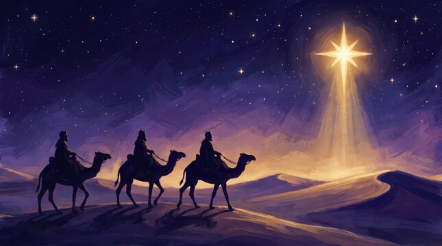 Wise magi camel star desert bethlehem night nativity christmas dune king journey holy christian religious spiritual epiphanie sand sky purple glowing bright silhouette travel caravan