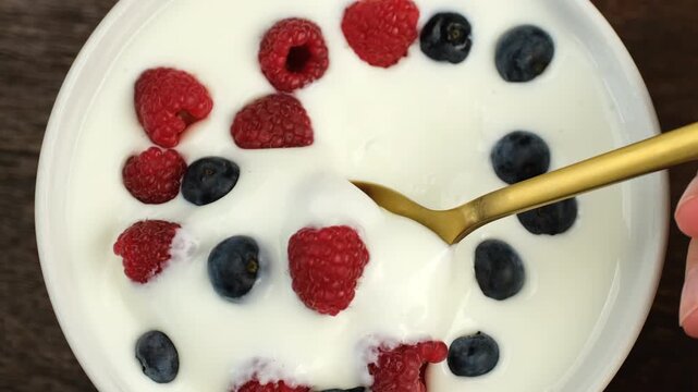 White Yogurt with fresh berries scoop with spoon from bowl, close up. Healthy protein breakfast ideas