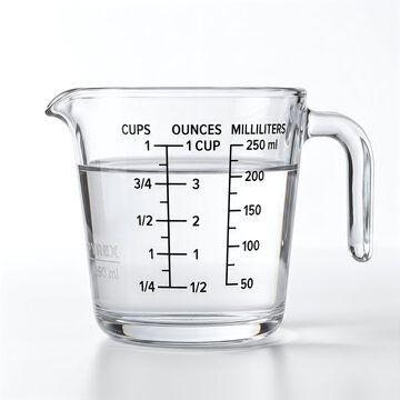 Glass measuring cup with water. Kitchen tool for liquid volume measurement and cooking.