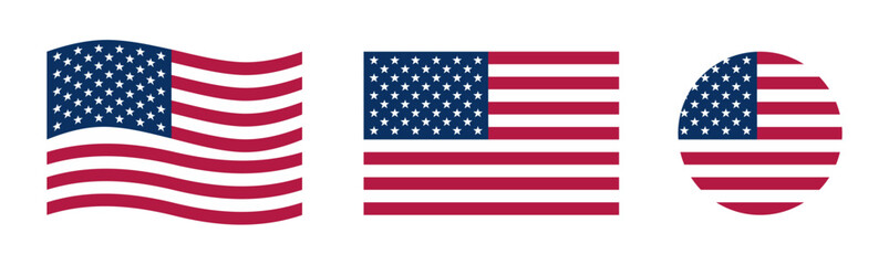 Fototapeta premium American Flag Collection with Waving, Rectangular and Circular Designs, USA Patriotic Symbols Vector Illustration Isolated on Transparent Background