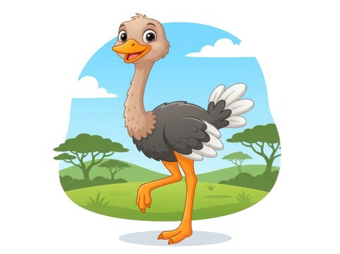 Cute cartoon ostrich standing in the middle of a sunny african savanna landscape isolated on white background