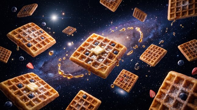 Toasted waffles and golden syrup floating in zero gravity space. Surreal playful food background.