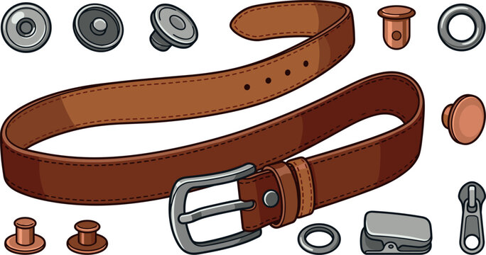 Leather Belt and Metal Hardware Vector Set Featuring Buckle Rivets Snaps Eyelets Grommets and Zipper Pull Elements for Fashion Design Graphics