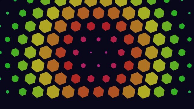 Abstract rainbow hexagon halftone pattern pulsing in a seamless loop on dark background
