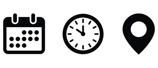 Fototapeta premium Calendar clock location icons, flat schedule time place navigation symbols, clean user interface vector illustration for applications.