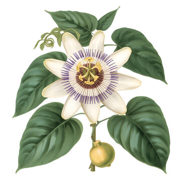 Passiflora quadrangularis (Giant Granadilla Flower) Botanical Illustration with Leaves and Fruit  Tropical Passion Flower Digital Art