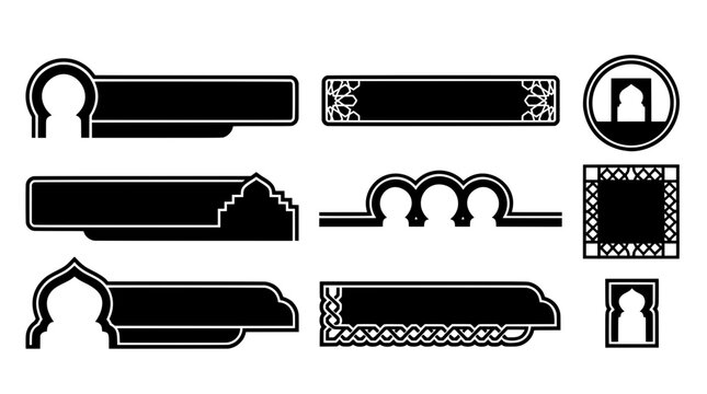 Moorish arch lower third stream banners keyhole dome and geometric zellige border vector elements design set