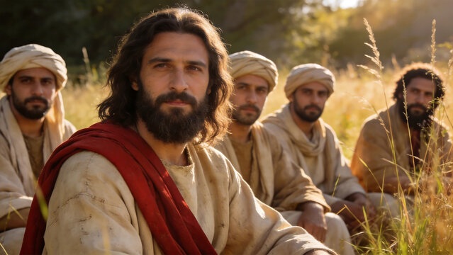 Group of men in ancient attire sitting outdoors