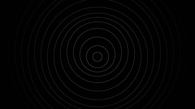 Abstract white concentric circles pulsating on a black background in a geometric pattern