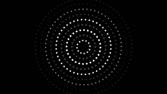 Abstract white concentric dot matrix patterns pulsating on a black background