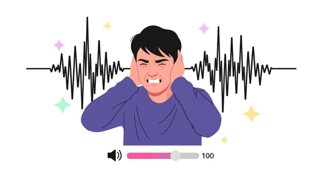 Man covering ears from loud noise wave graphic.