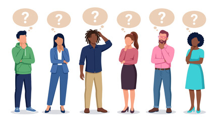 Fototapeta premium Line of diverse people with question marks above heads.