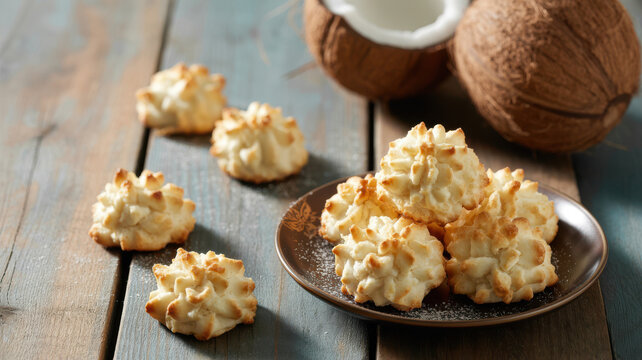 Coconut cookies on rustic wooden table with whole and halved coconuts background.
