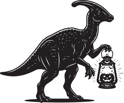 Parasaurolophus dinosaur holding a lantern. Cute prehistoric creature with Halloween decor., Generative Ai