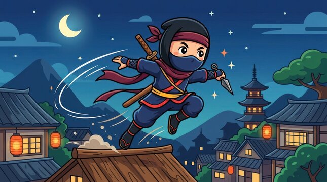 Cartoon ninja warrior leaping in traditional village at night