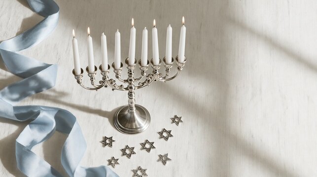 Minimal Hanukkah flat lay with silver menorah candles and blue ribbon
