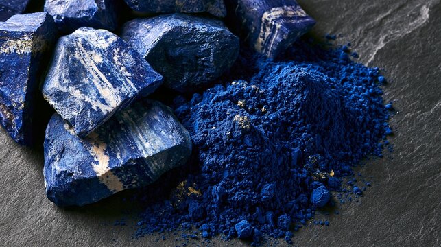 Raw lapis lazuli stones and ground ultramarine pigment on dark slate