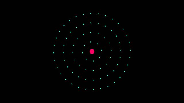 Atomic shells with red nuclei and green electrons orbiting in concentric circles