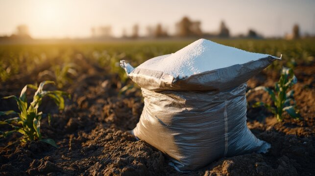 Fertilizer Bag On Tilled Soil In Young Corn Field