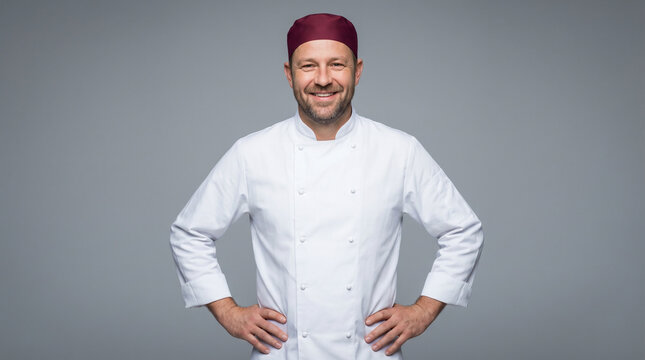 Professional Male Chef in White Uniform and Maroon Toque Posing Confidently