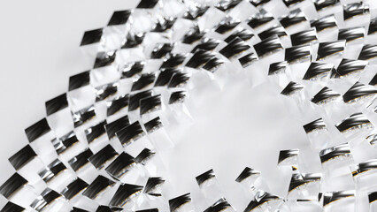 Transparent glass cubes are arranged in a repeating circular pattern on a bright white abstract Background © Ocelia_Mg